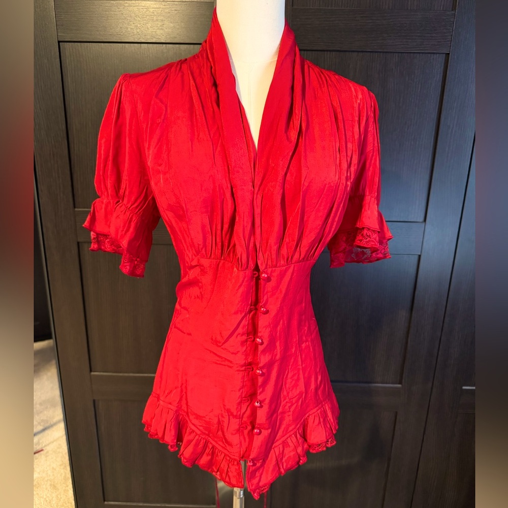 Red Ruffle-Trim Button Front Blouse with Shawl Collar